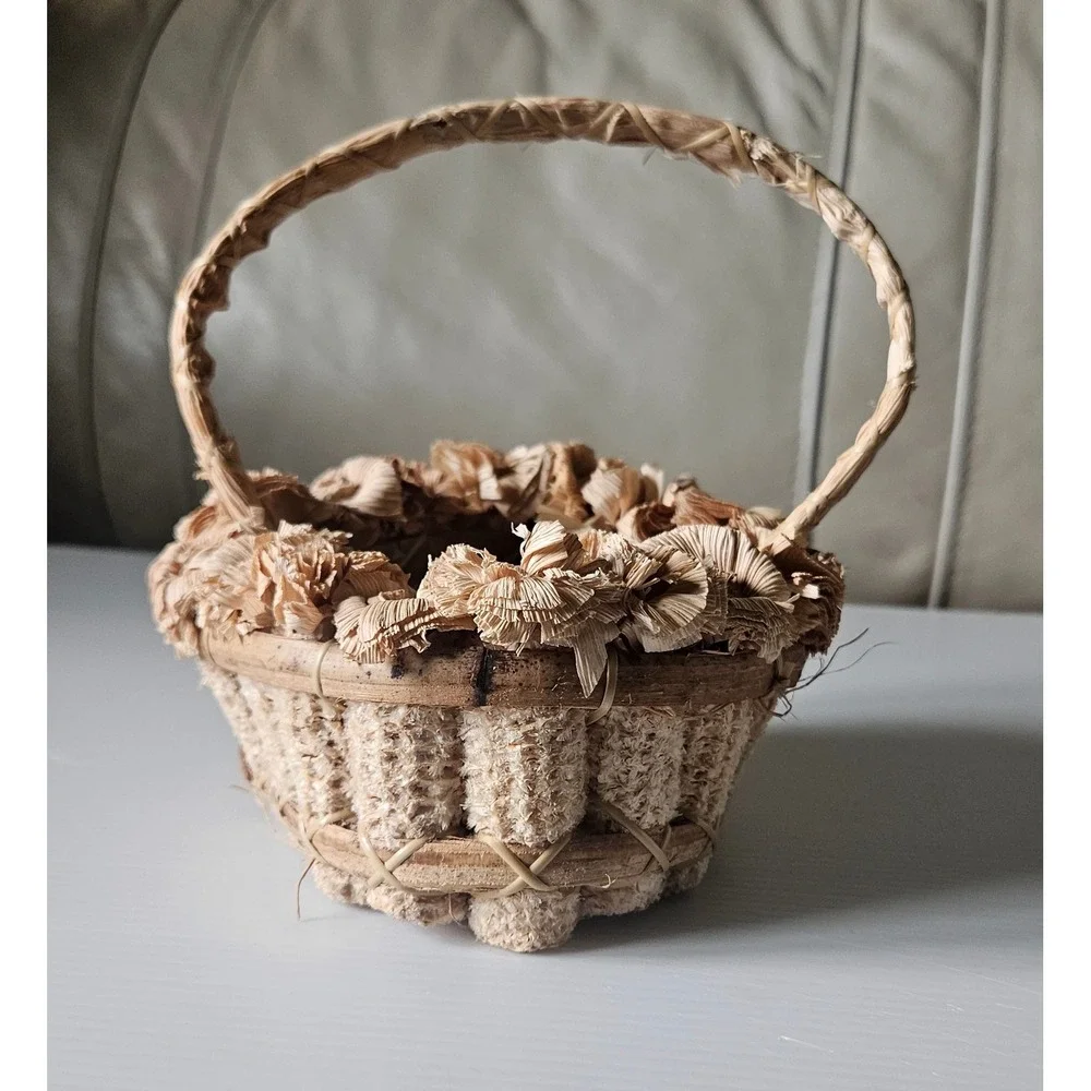 Vintage Natural Corn Husk and Cob Decorative Basket with Floral Trim Rustic Folk